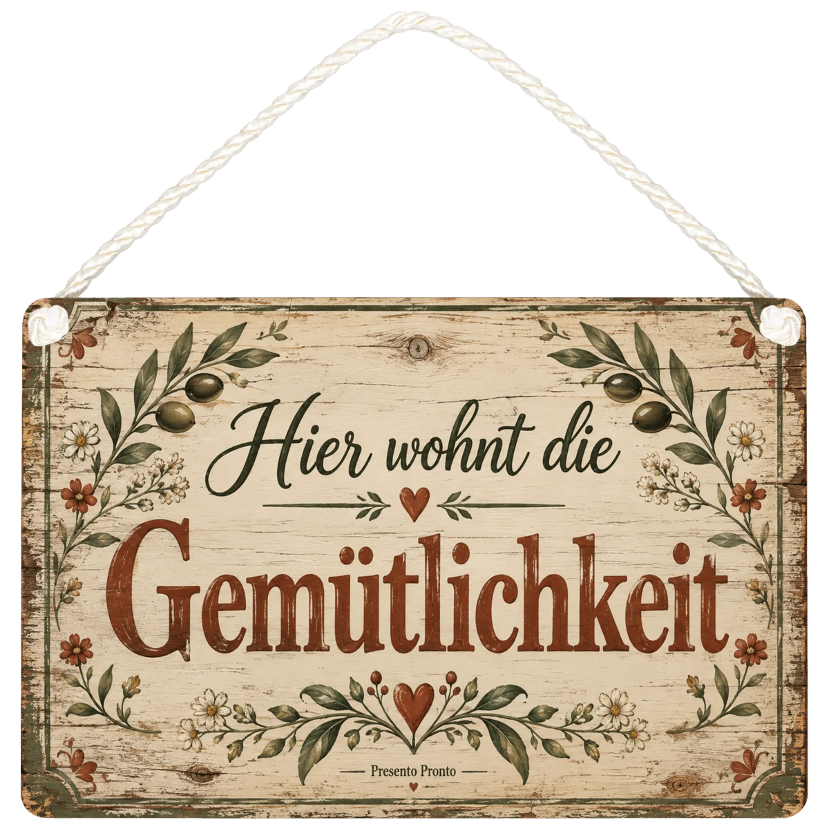 Gemütliches antikes Holzschild für Zuhause mit Blätterrahmen