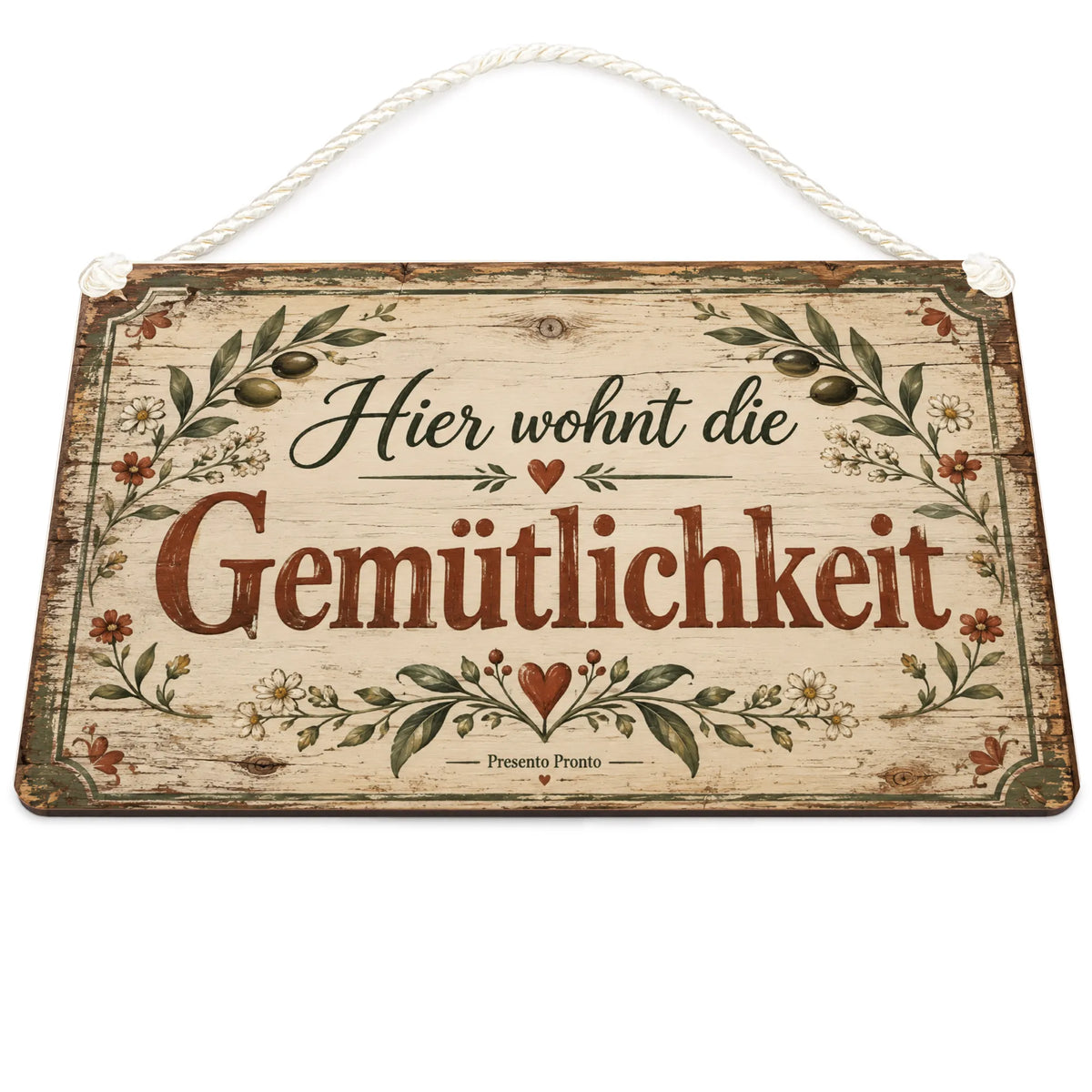 Gemütliches antikes Holzschild für Zuhause mit Blätterrahmen
