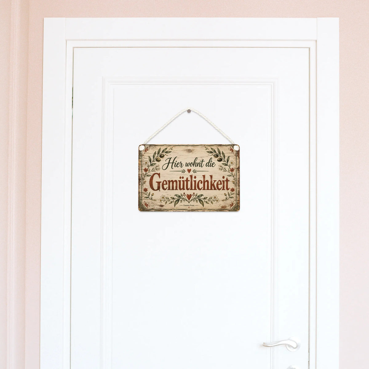 Gemütliches antikes Holzschild für Zuhause mit Blätterrahmen
