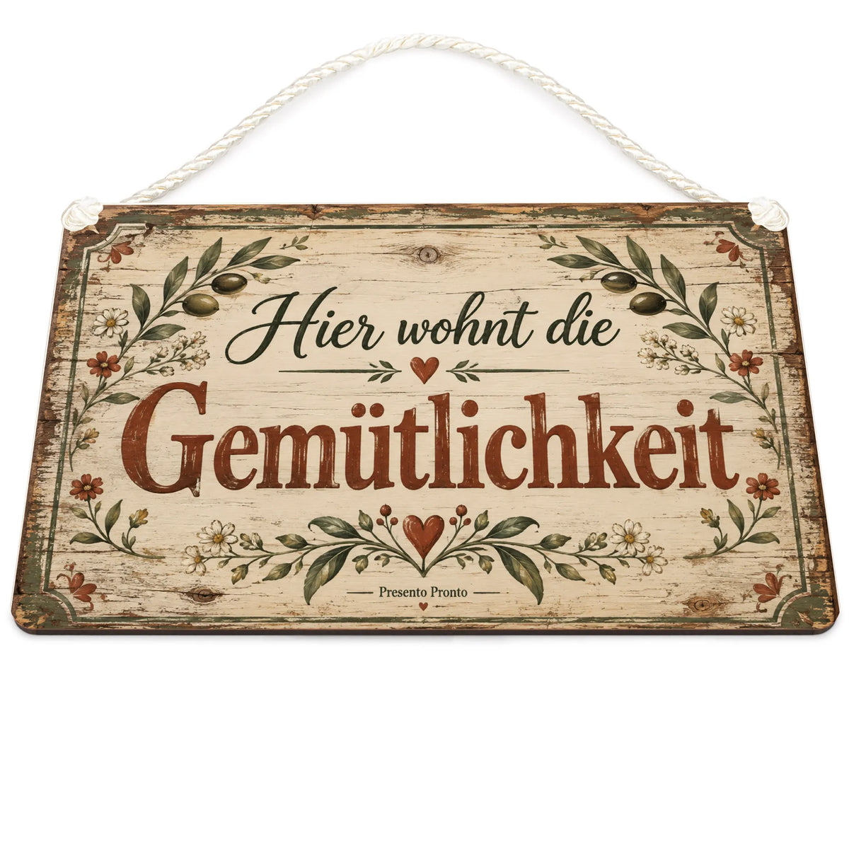 Gemütliches antikes Holzschild für Zuhause mit Blätterrahmen