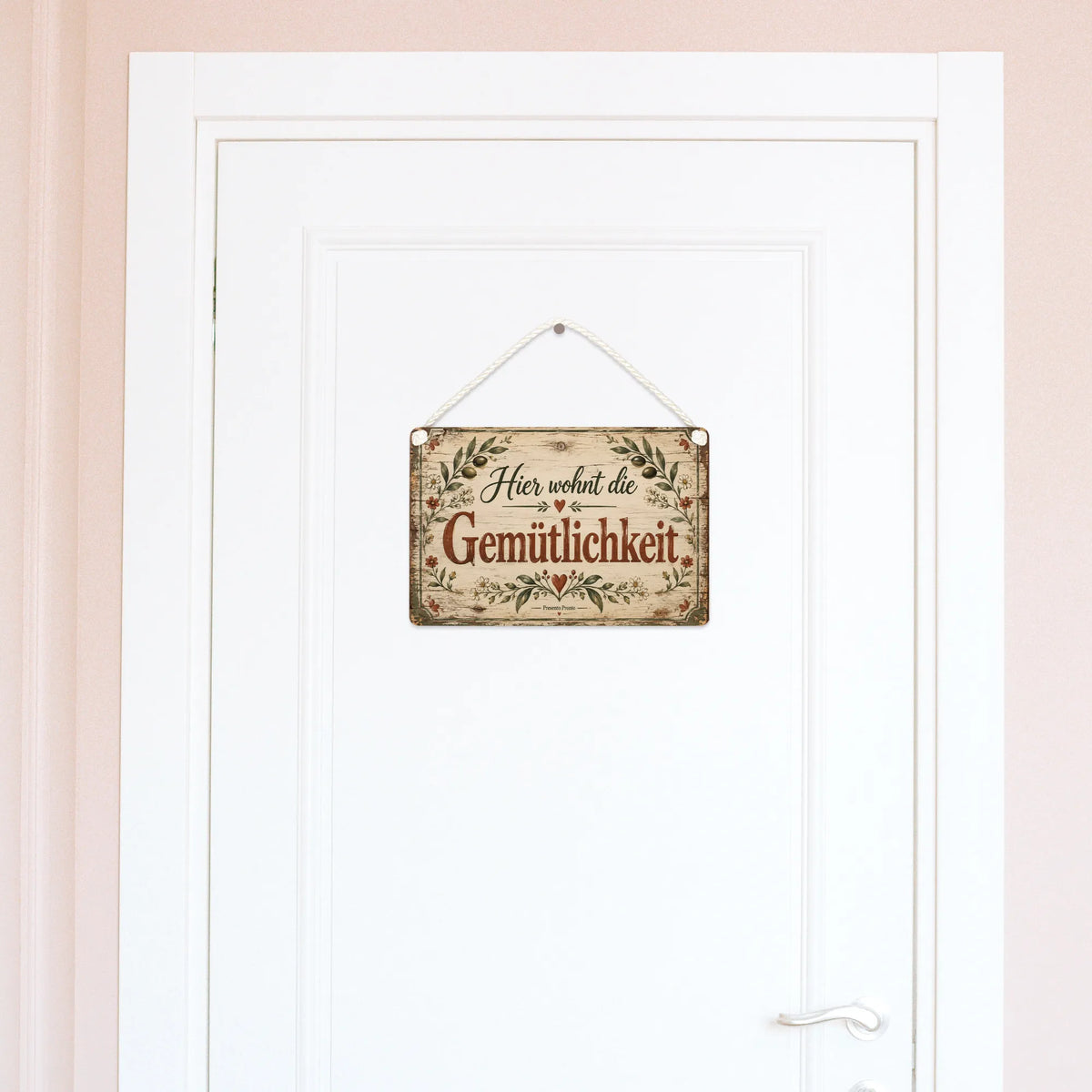 Gemütliches antikes Holzschild für Zuhause mit Blätterrahmen