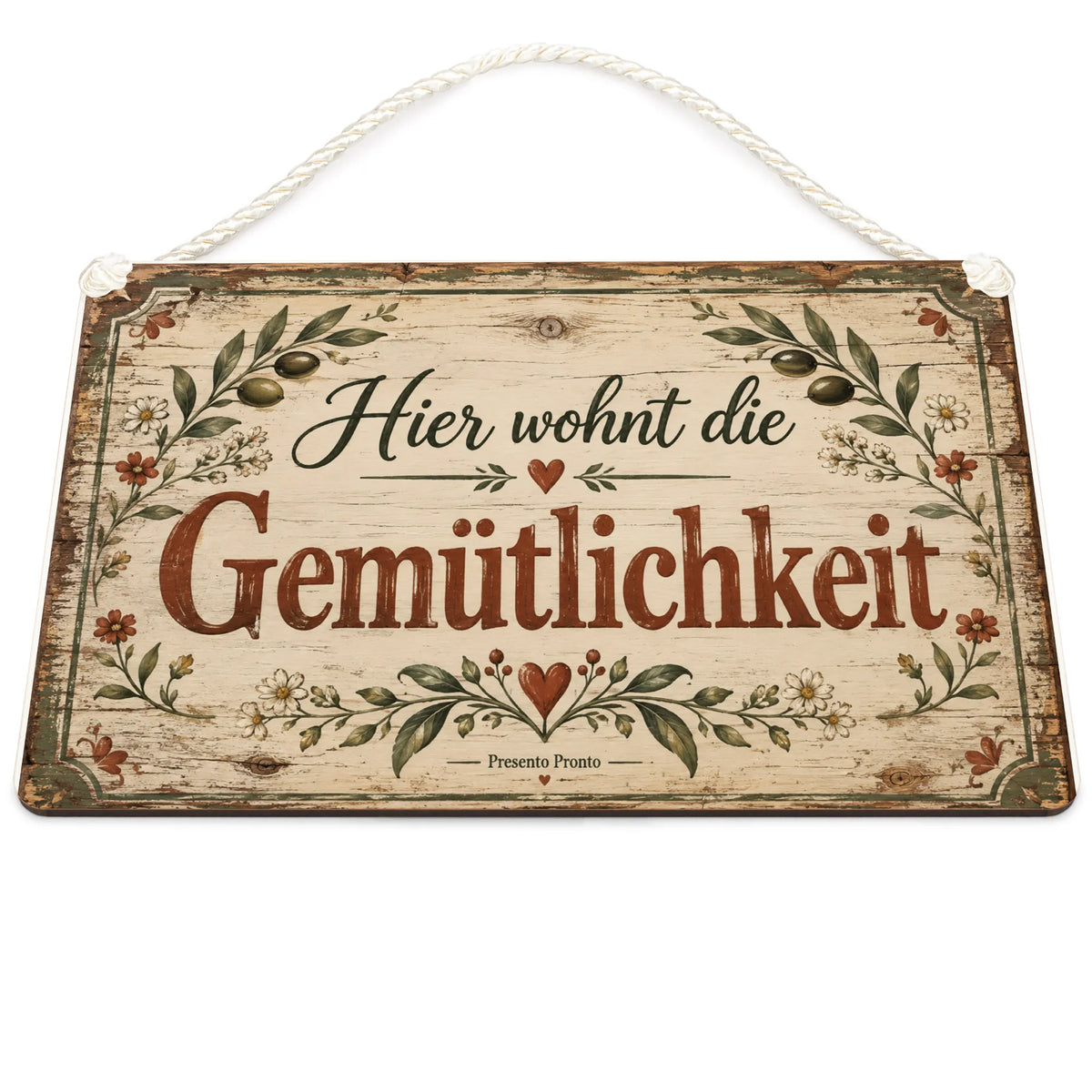 Gemütliches antikes Holzschild für Zuhause mit Blätterrahmen