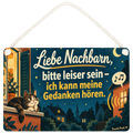 Lustiges Schild zum Nachbarn ärgern mit Kater am Fenster