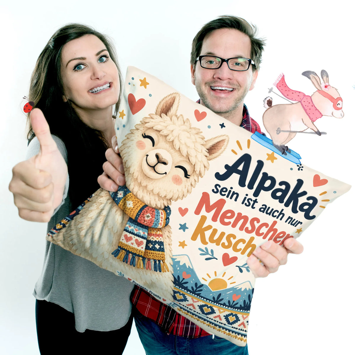 Lustiges Alpaka Kissen für Alpaka Fans mit Strickschal