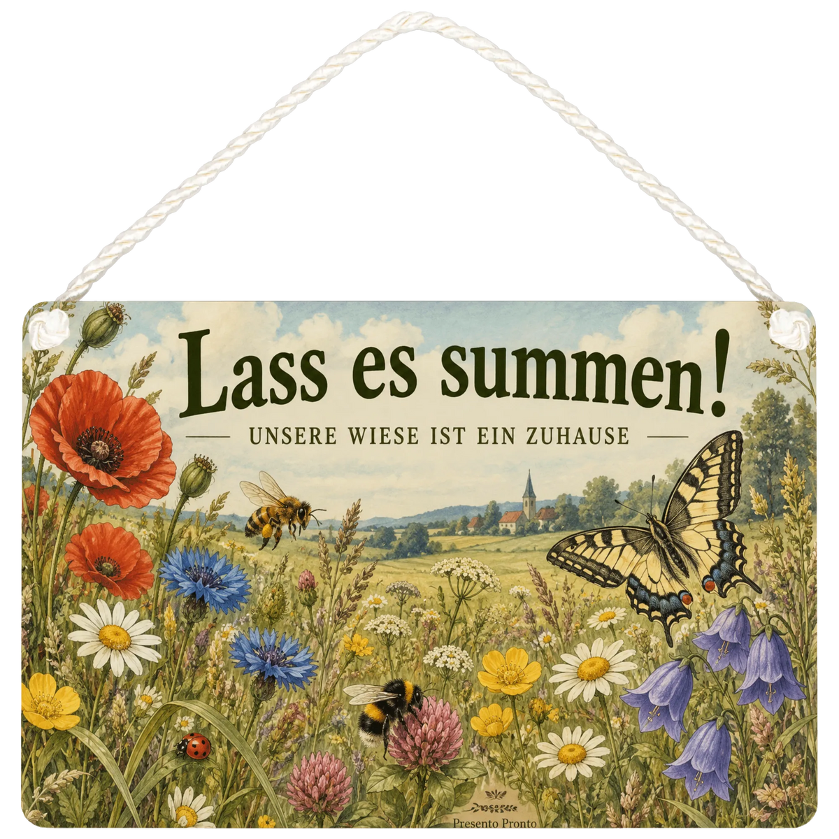 Liebevolles Schild für die Insektenwiese mit Biene und Schmetterlingen
