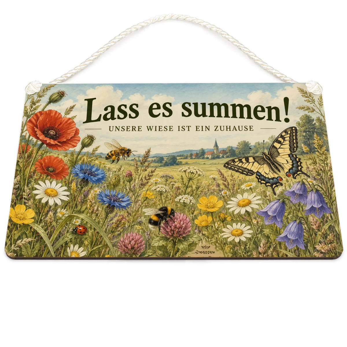 Liebevolles Schild für die Insektenwiese mit Biene und Schmetterlingen
