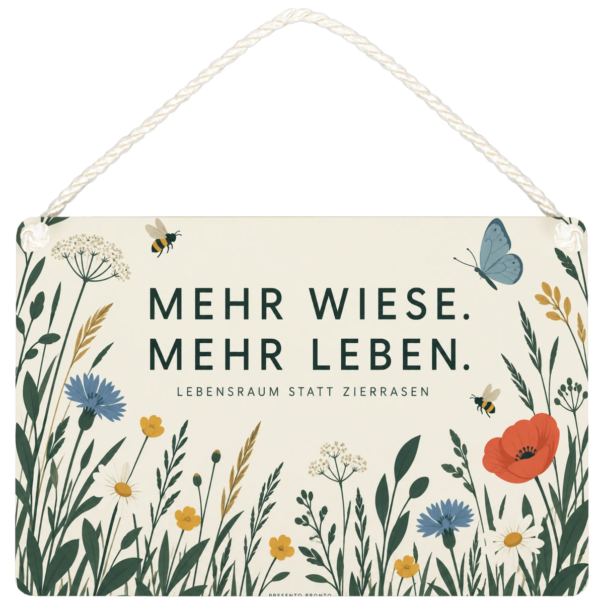 Naturnahes Schild für die Insektenwiese mit Wildblumen und Bienen