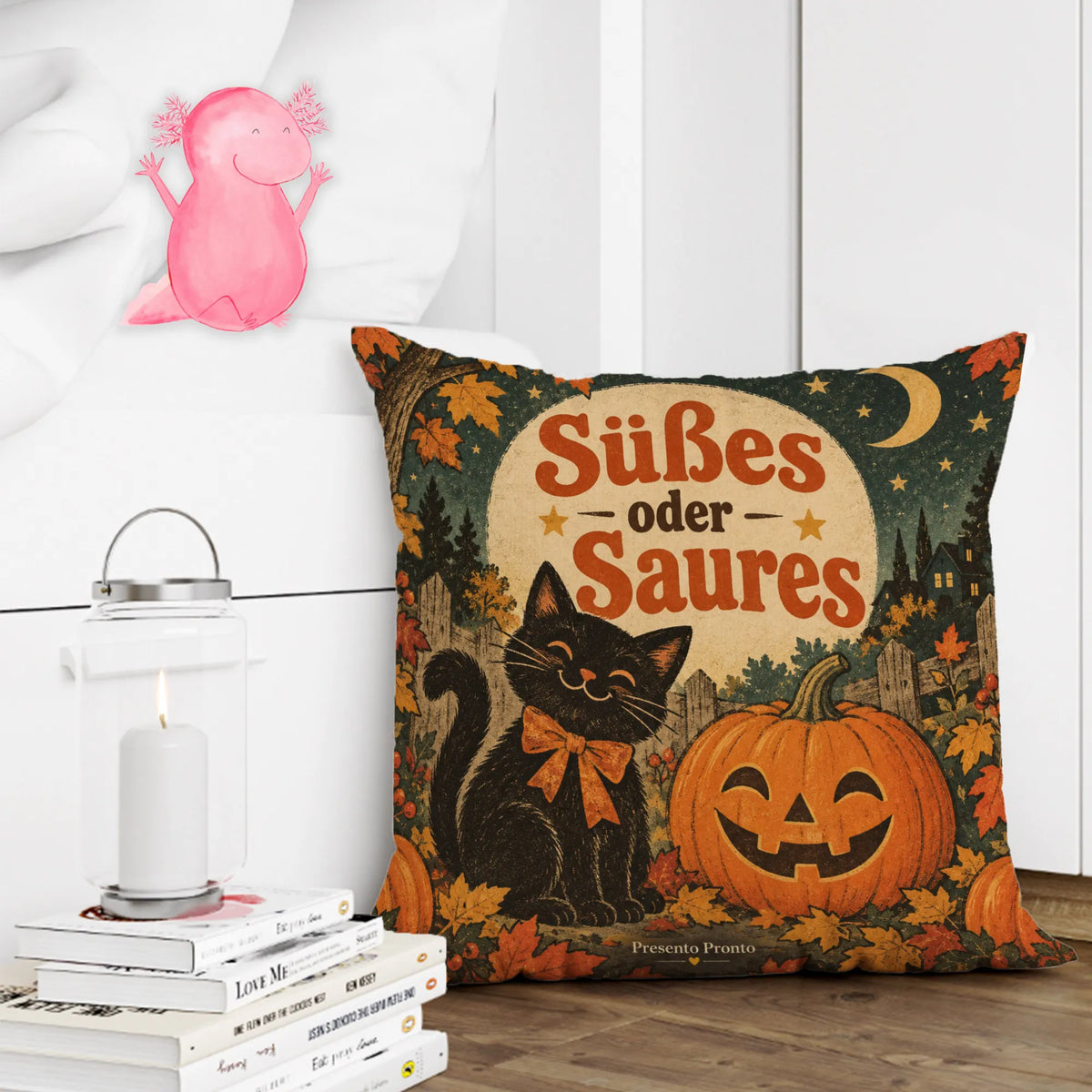 Niedliches Dekokissen für Halloween mit schwarzer Katze