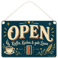 Einladendes Open-Schild für Café mit Kaffee und Kuchen