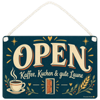 Einladendes Open-Schild für Café mit Kaffee und Kuchen|p:2019411|h:dafe25c89672e34b27c75a392900dc3d