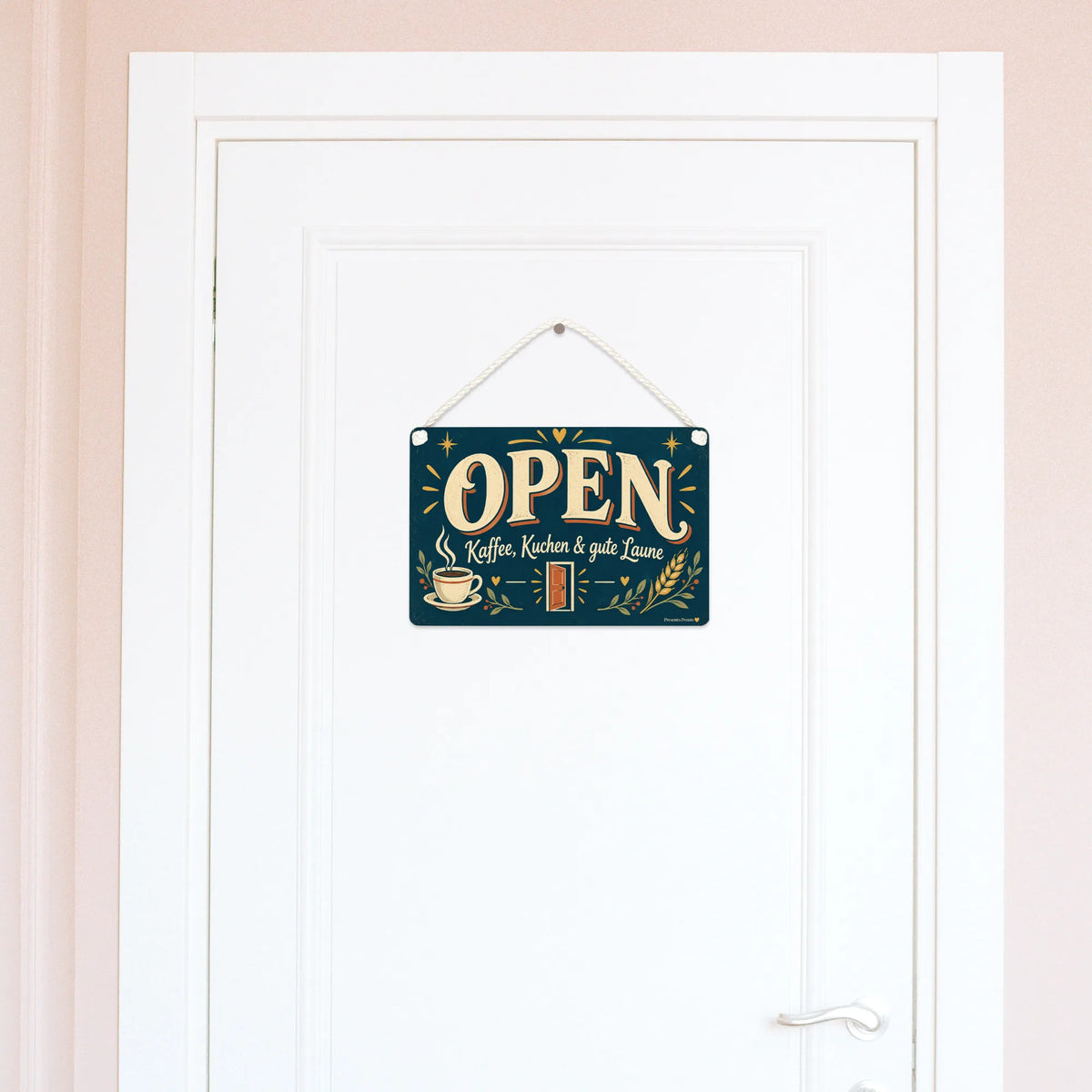 Einladendes Open-Schild für Café mit Kaffee und Kuchen