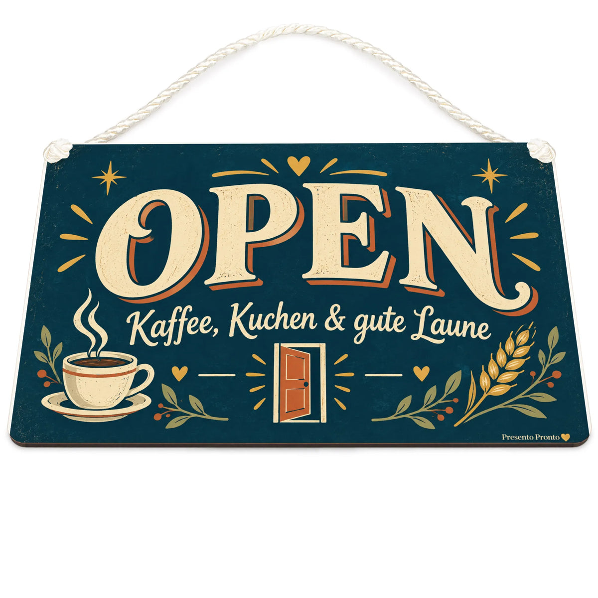 Einladendes Open-Schild für Café mit Kaffee und Kuchen