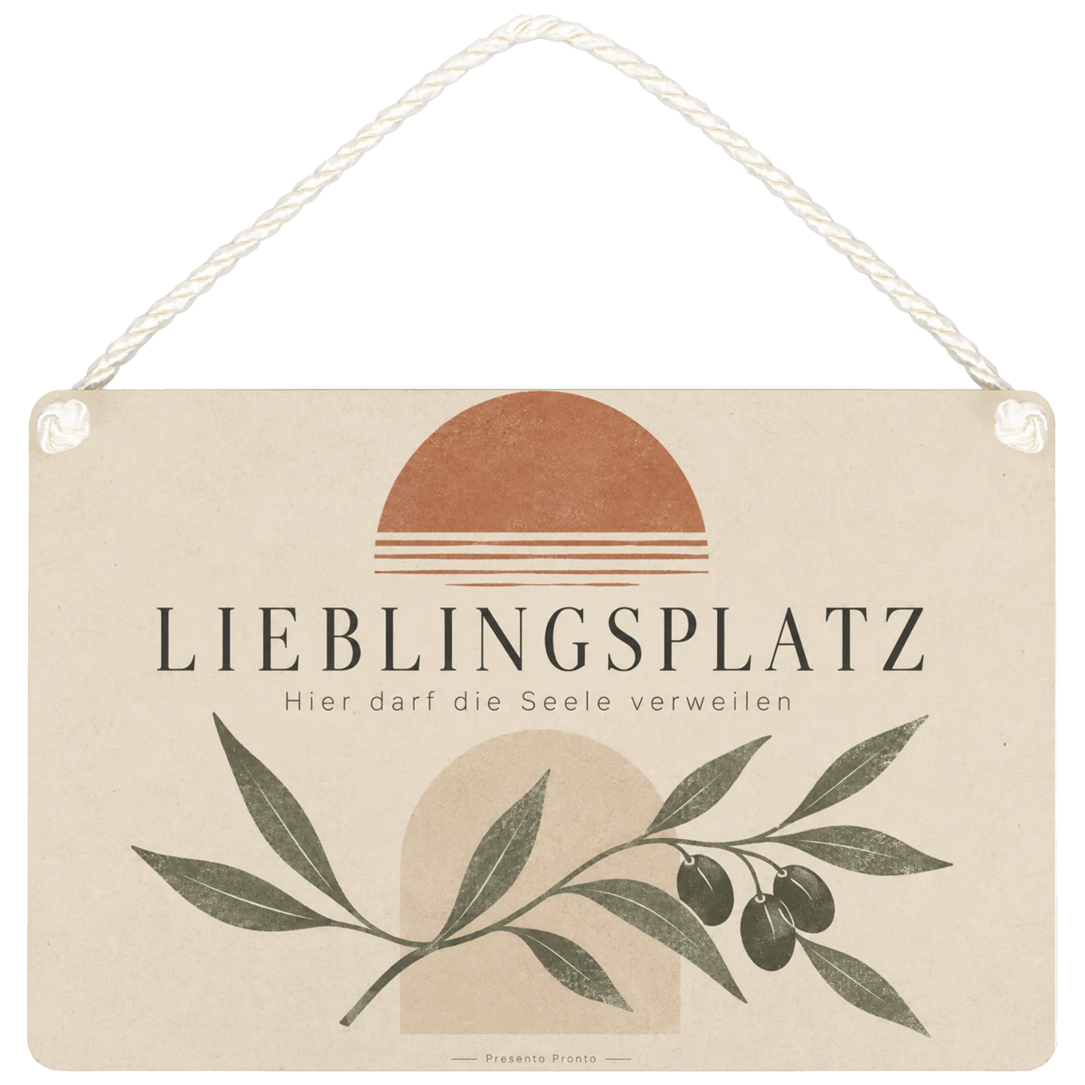 Gemütliches Holzschild für den Lieblingsplatz mit Olivenzweig