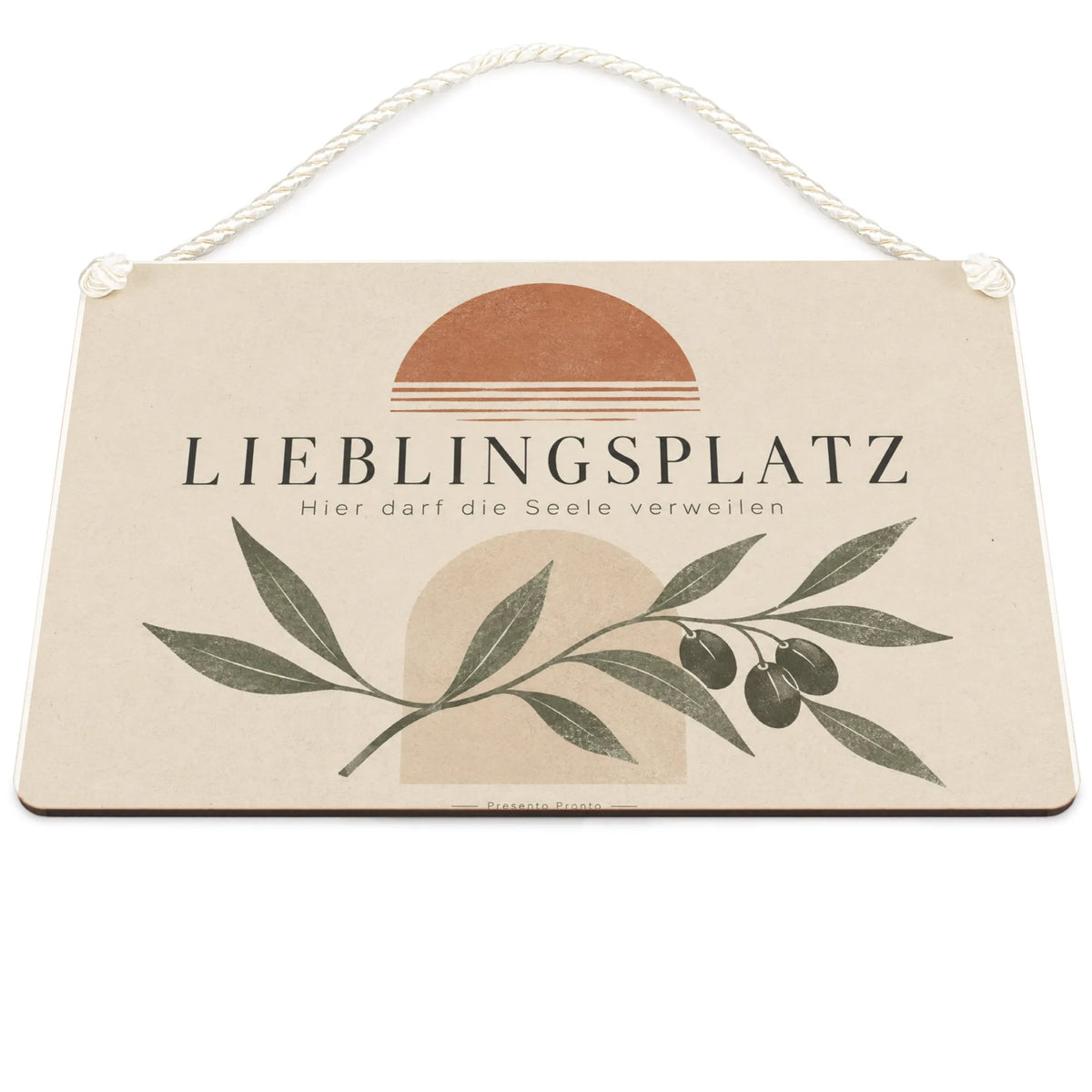 Gemütliches Holzschild für den Lieblingsplatz mit Olivenzweig