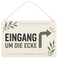 Praktisches Schild für den Eingang um die Ecke mit Pfeil