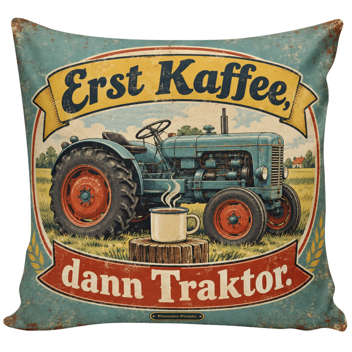 Lustiges Traktor-Kissen für Fans mit Kaffeespruch