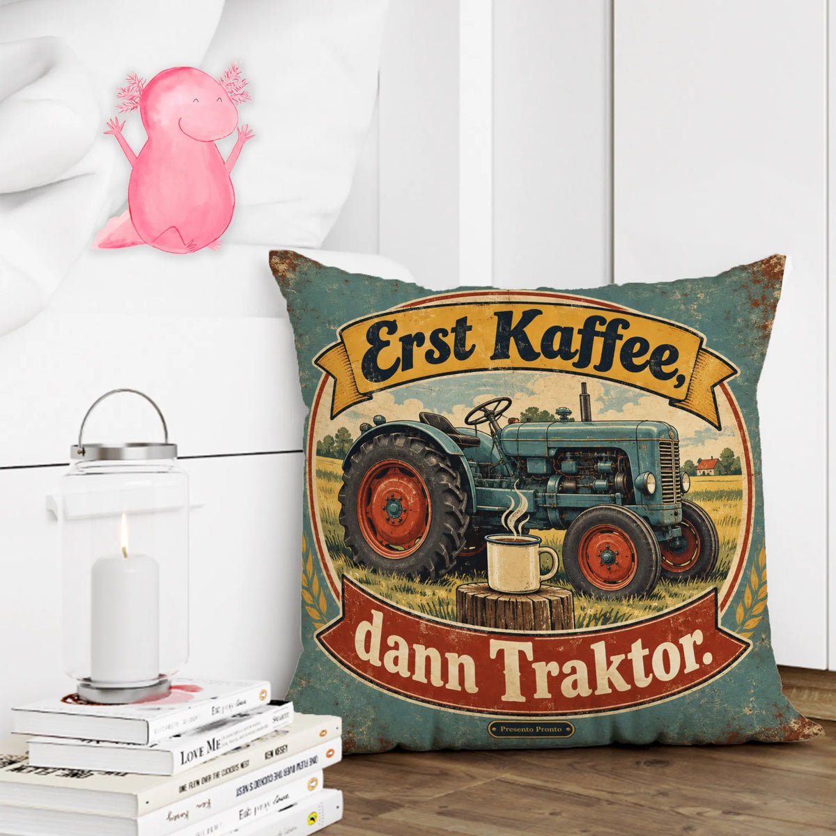 Lustiges Traktor-Kissen für Fans mit Kaffeespruch