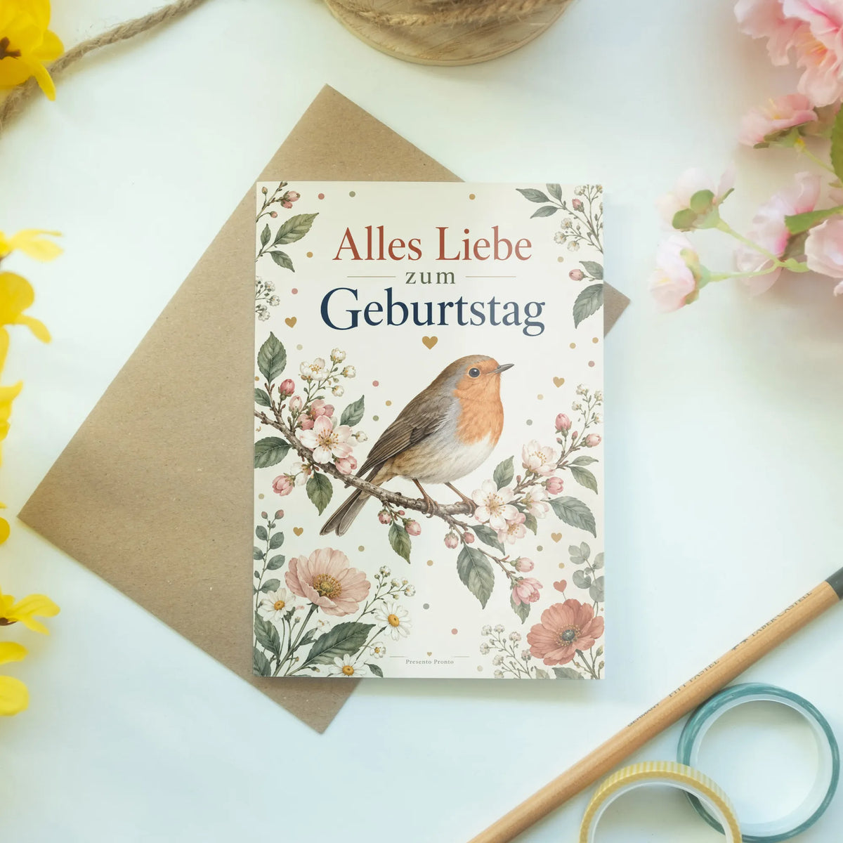 Herzliche Geburtstagskarte mit Vogel Rotkehlchen