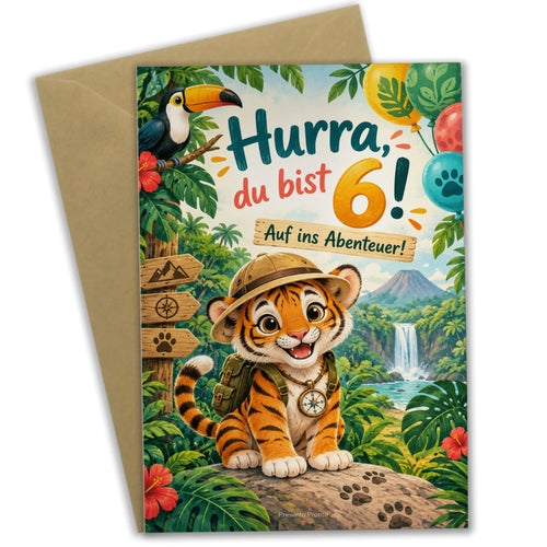 Abenteuerliche Geburtstagskarte zum 6. Geburtstag mit Tiger|p:2019657|h:9ed4f30cfcecc4e9c389f6514d8d193c