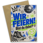 Coole Einladungskarte für Teenager mit Wir Feiern Schriftzug|p:2019663|h:a6317447151de2df229a857a696ddb5f