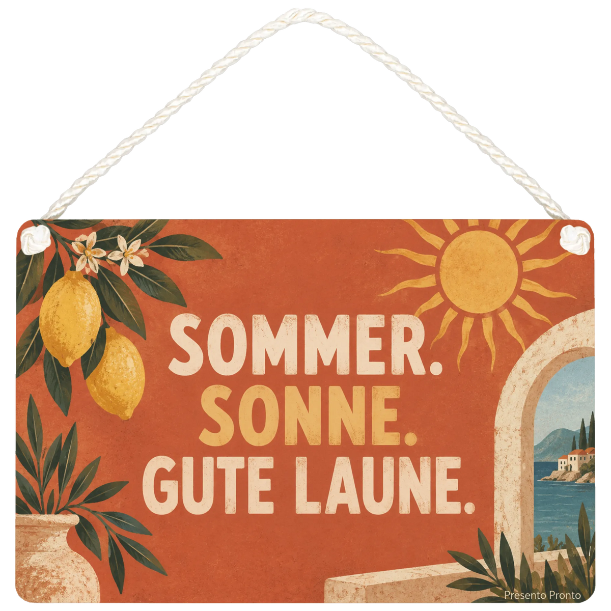 Fröhliches Dekoschild für den Sommer mit mediterraner Sonne
