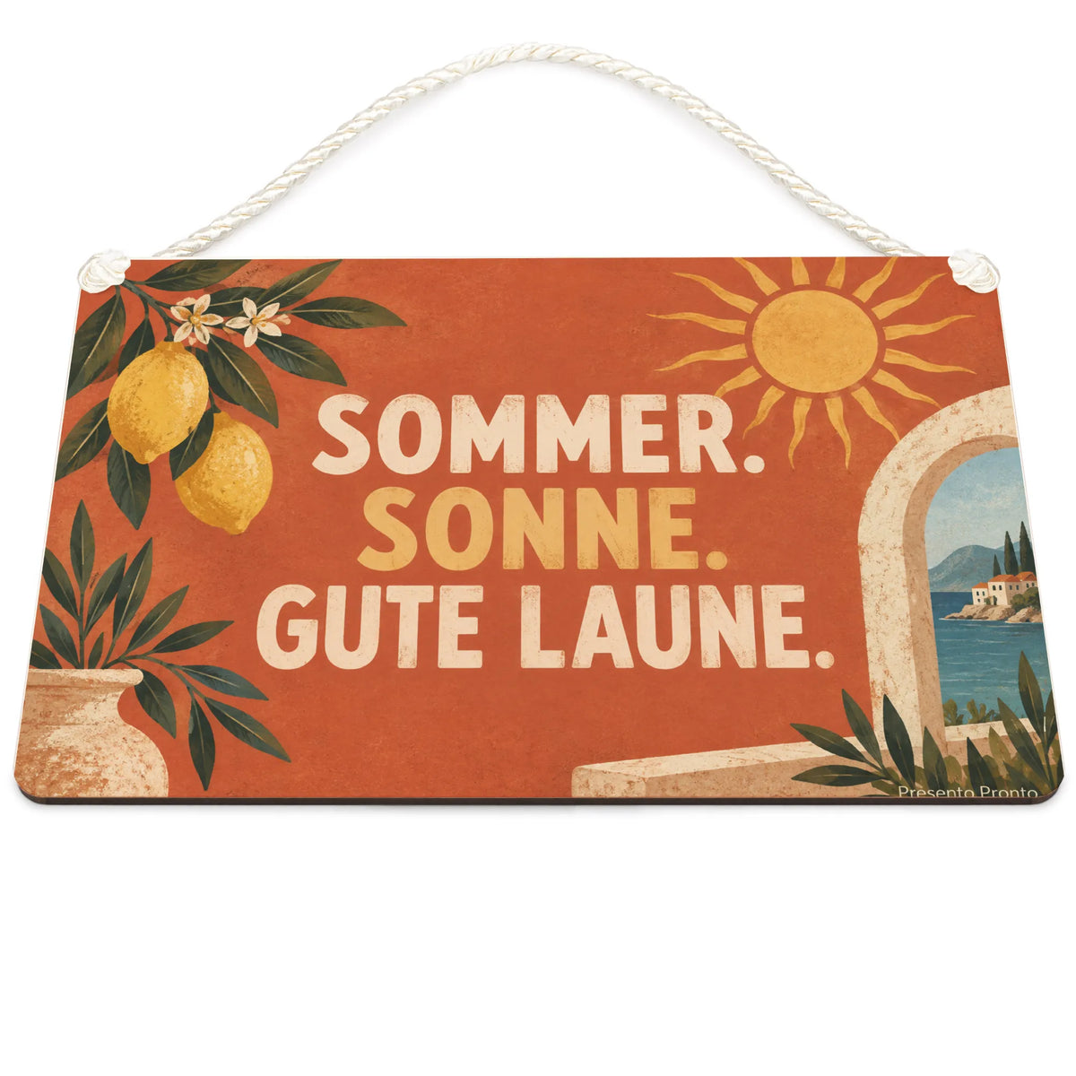 Fröhliches Dekoschild für den Sommer mit mediterraner Sonne