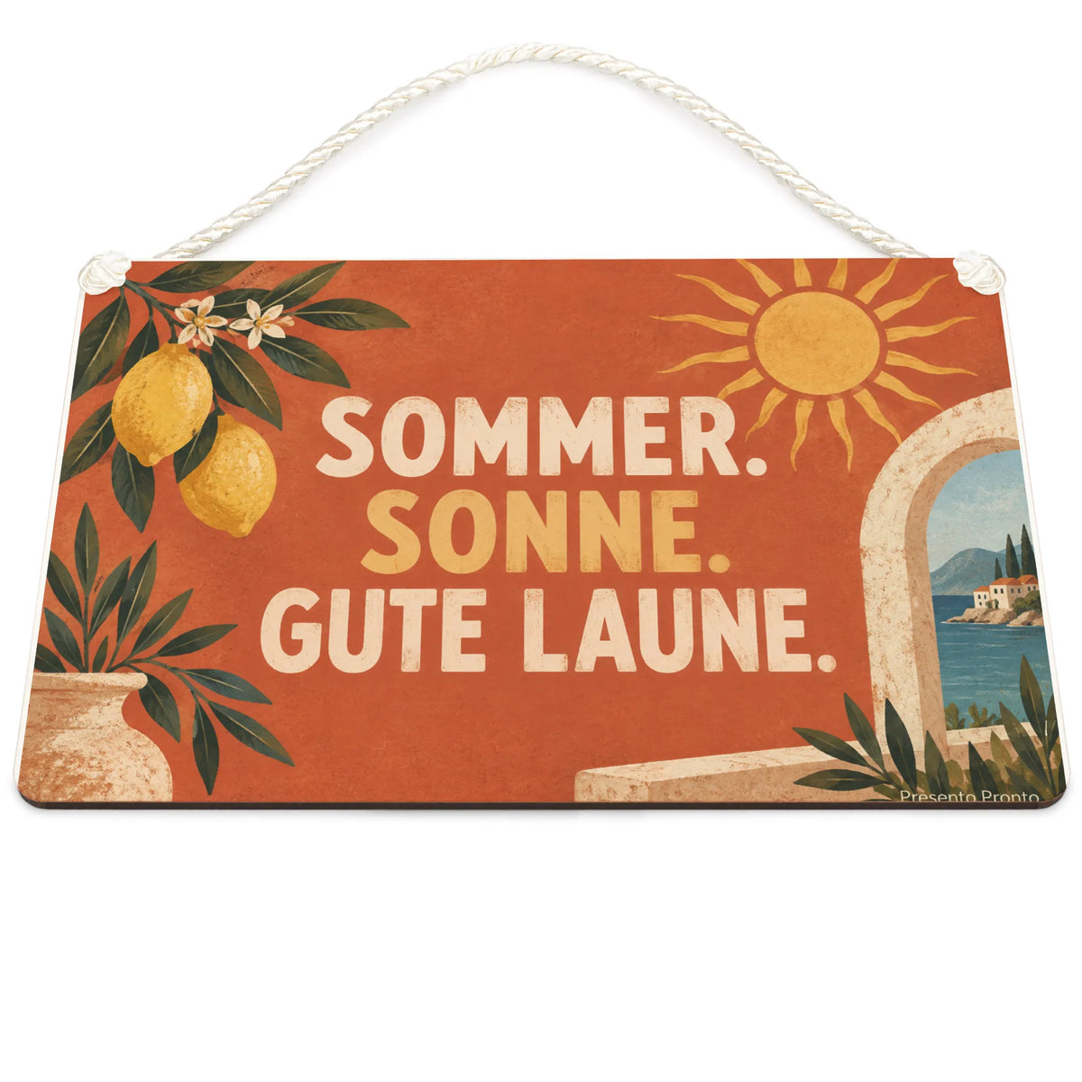 Fröhliches Dekoschild für den Sommer mit mediterraner Sonne