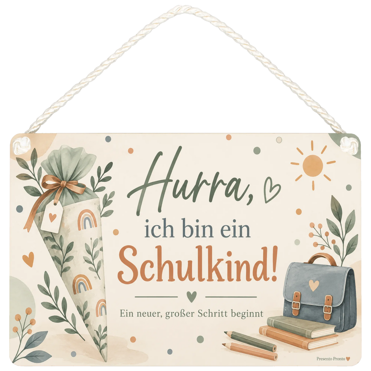 Fröhliches Schild zur Einschulung mit Schultüte