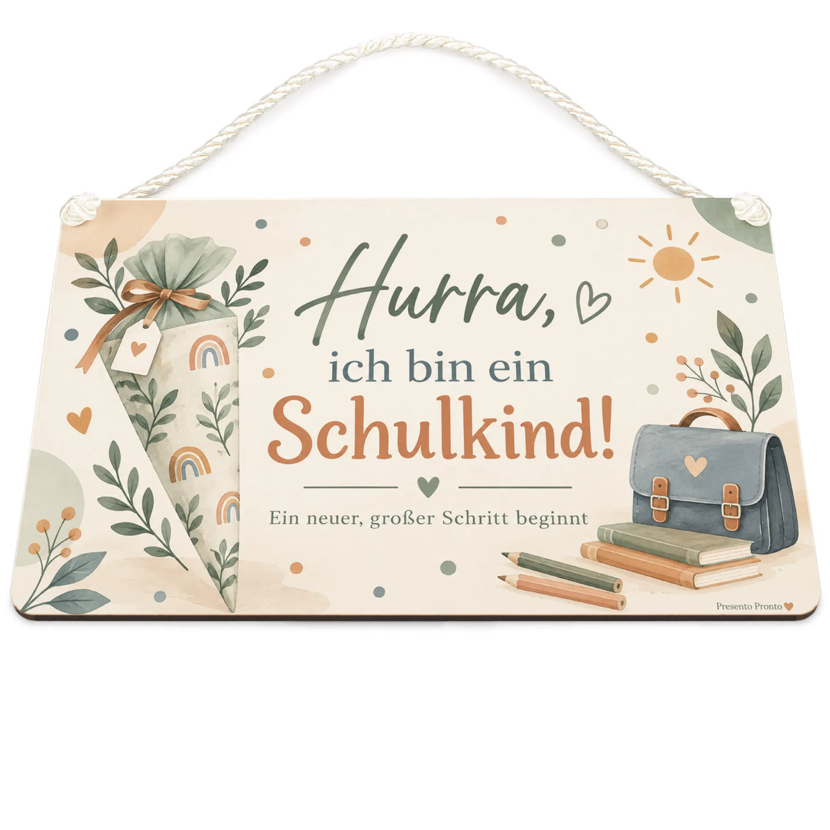Fröhliches Schild zur Einschulung mit Schultüte