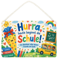Fröhliches Schild zur Einschulung mit lächelnder Schultüte