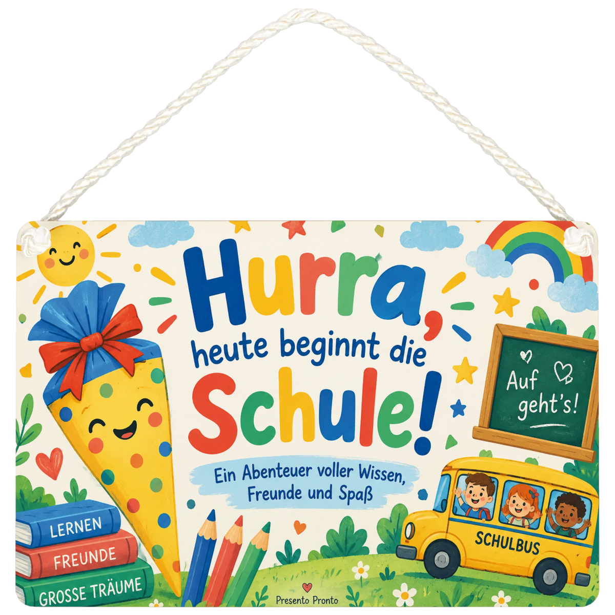 Fröhliches Schild zur Einschulung mit lächelnder Schultüte