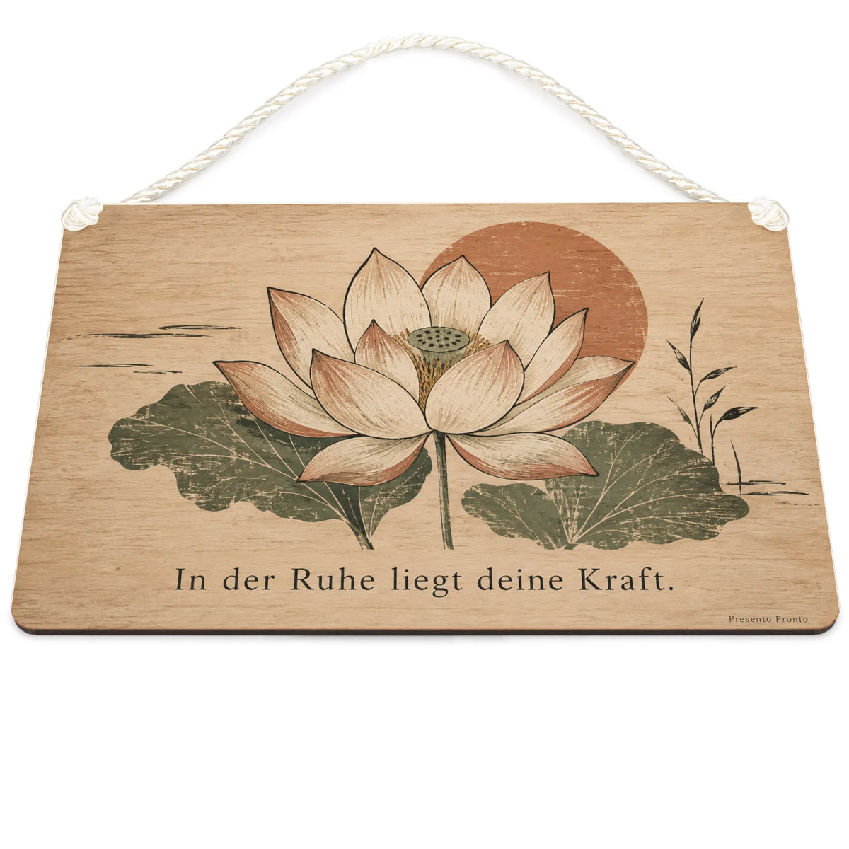 Achtsames Holzbild mit Lotusblüte für Yoga und Meditation