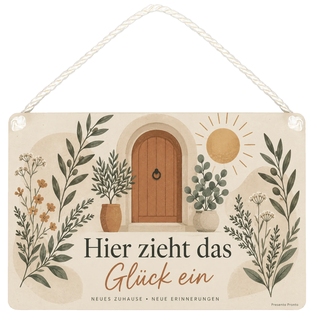 Herzliche Holzbilder zum Einzug mit Türbogen und Sonne