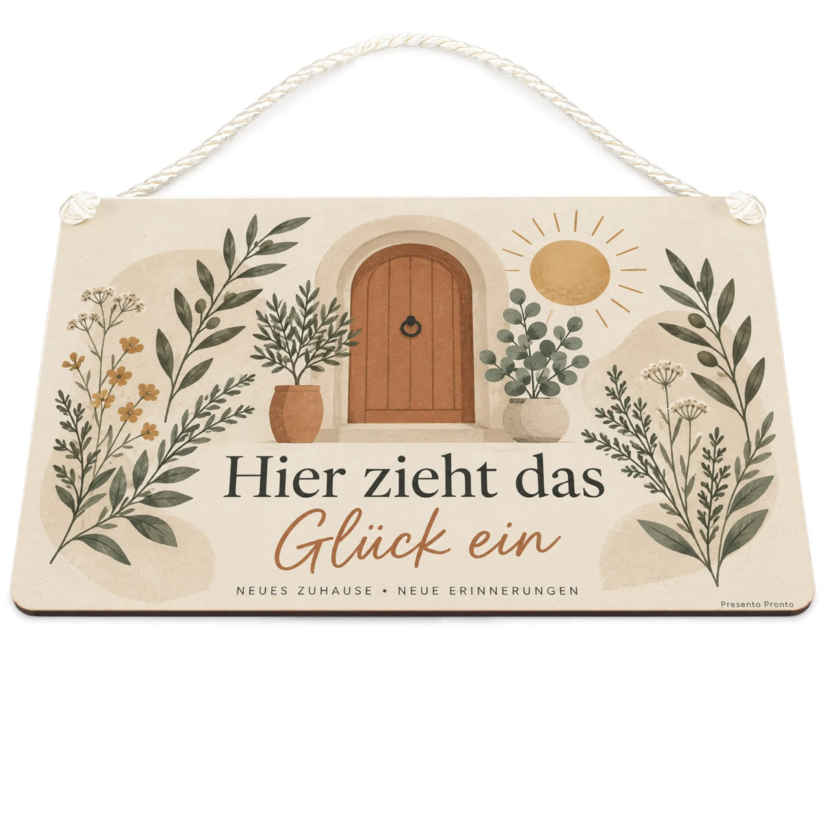 Herzliche Holzbilder zum Einzug mit Türbogen und Sonne
