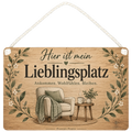 Gemütliches Holzschild zum Lieblingsplatz mit Sessel