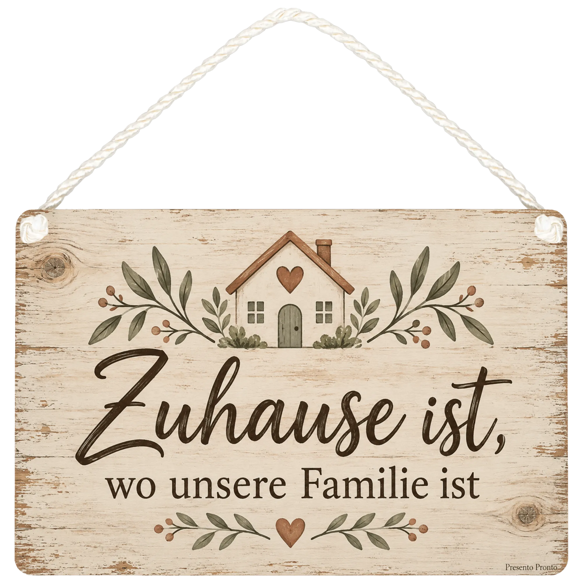 Herzliches Holzschild für die Familie mit Haus und Herz