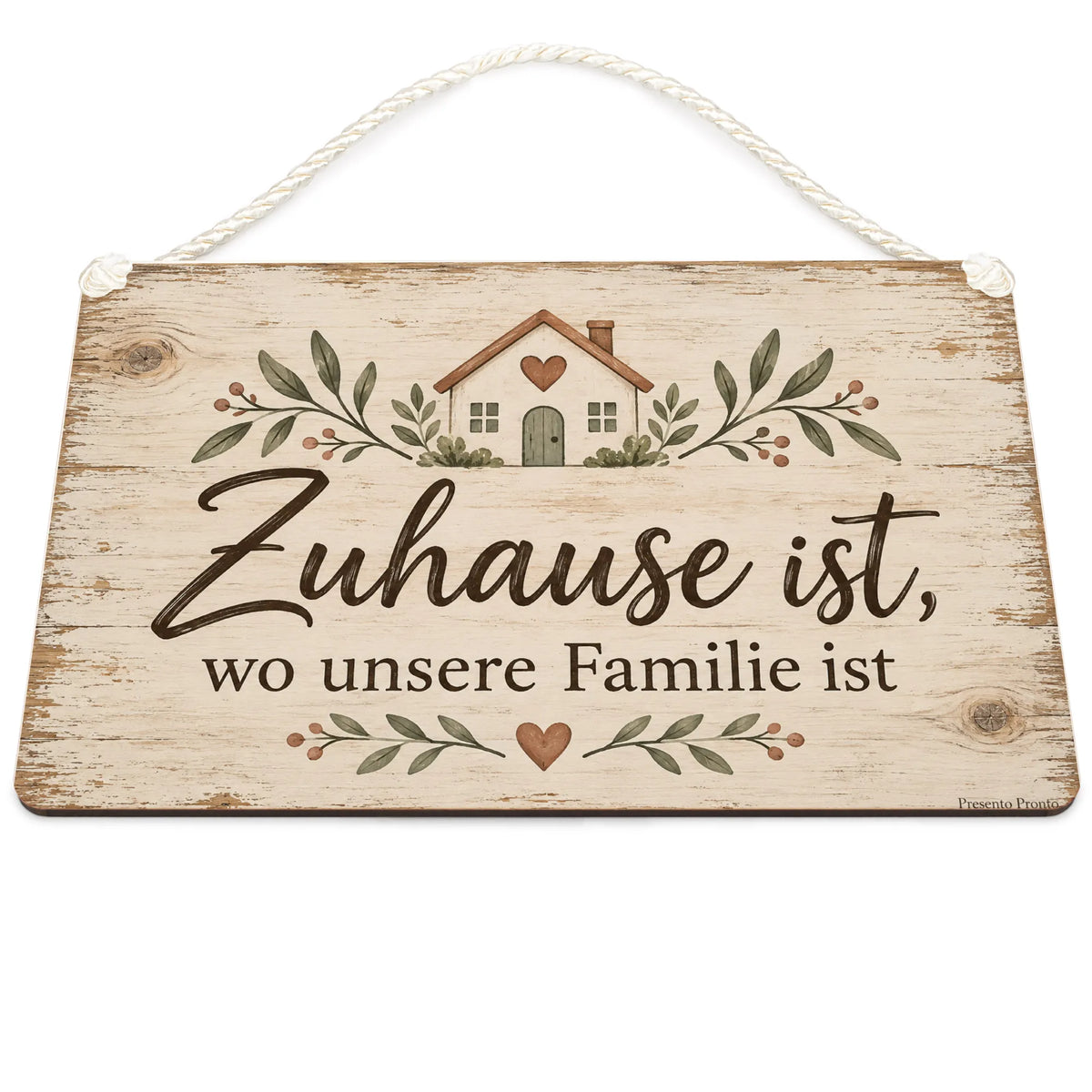 Herzliches Holzschild für die Familie mit Haus und Herz