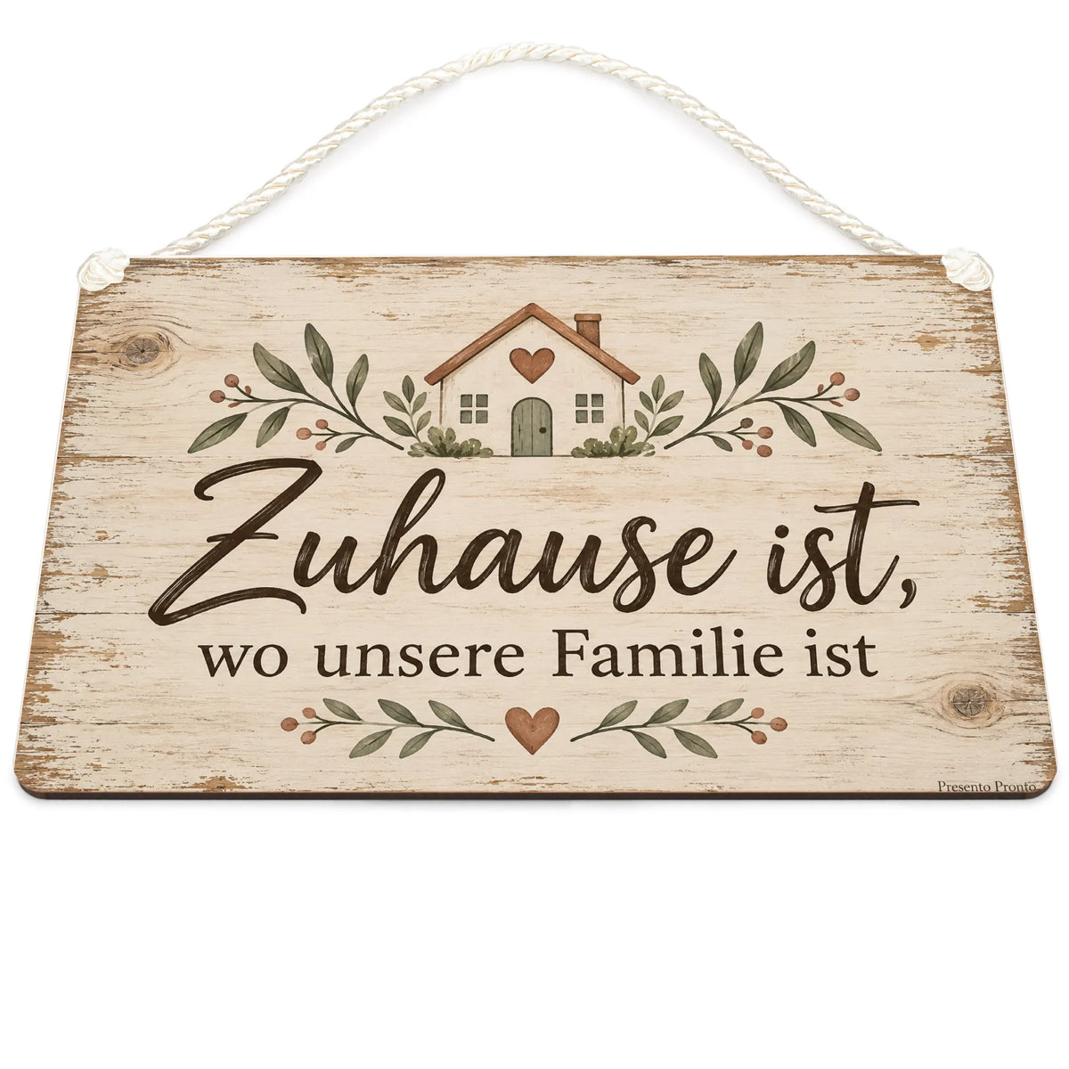 Herzliches Holzschild für die Familie mit Haus und Herz