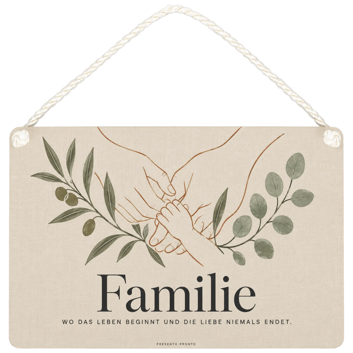 Herzliches Holzschild für die Familie mit verschlungenen Händen