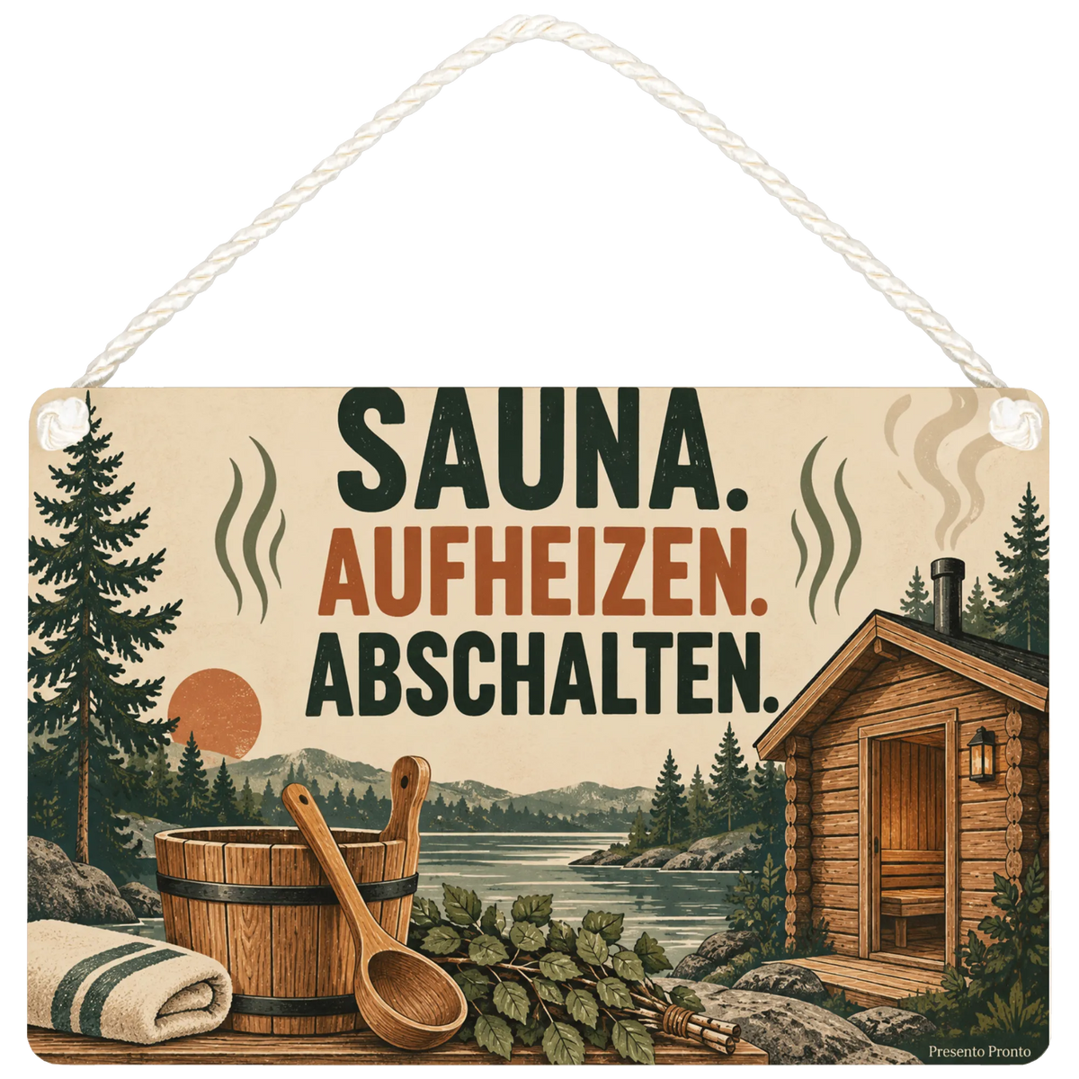 Gemütliches Schild für die Sauna mit Saunakabine