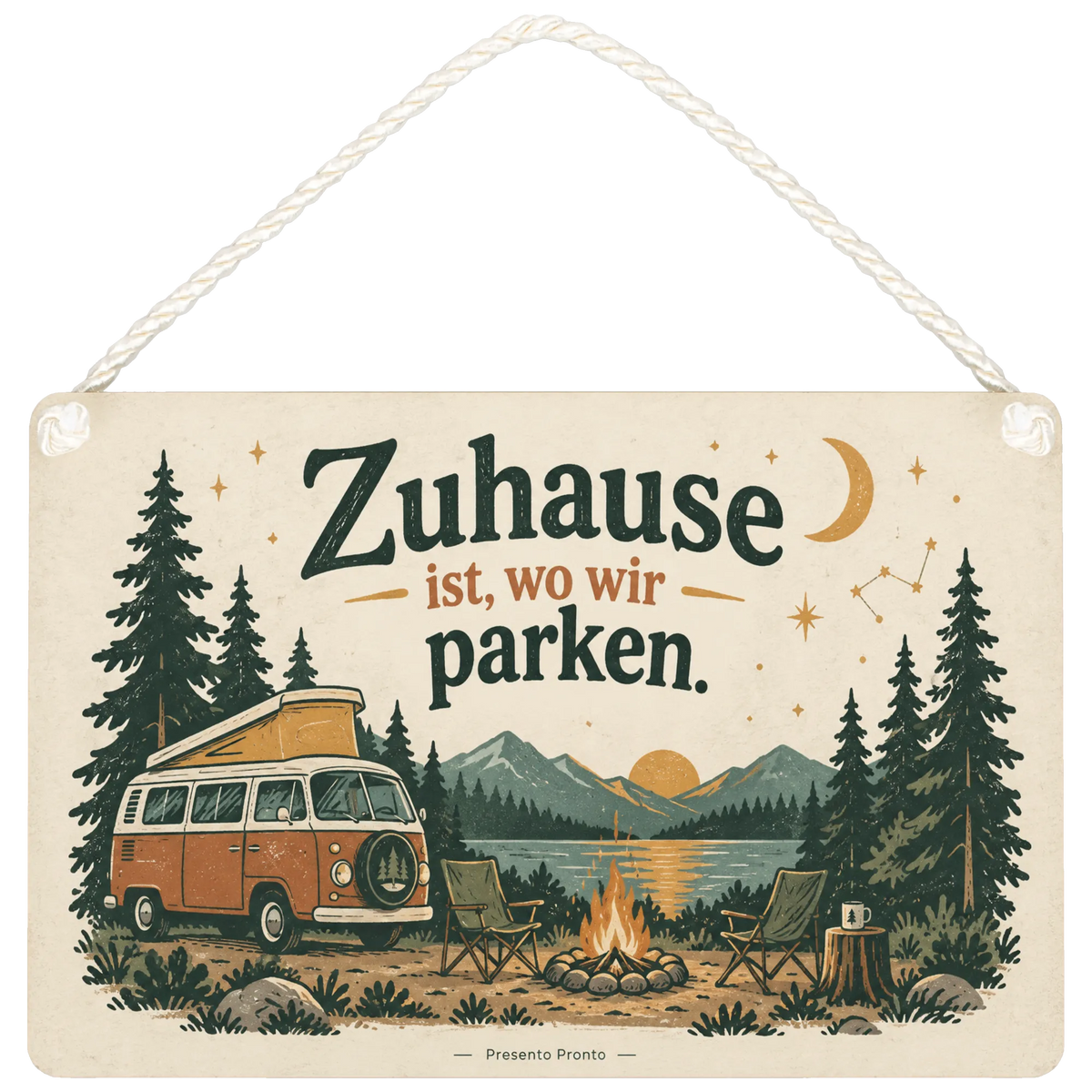 Gemütliches Schild für Campingfans mit Wohnmobil unter Sternen