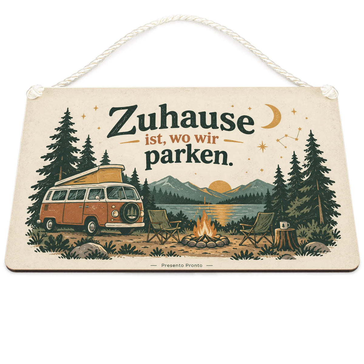 Gemütliches Schild für Campingfans mit Wohnmobil unter Sternen