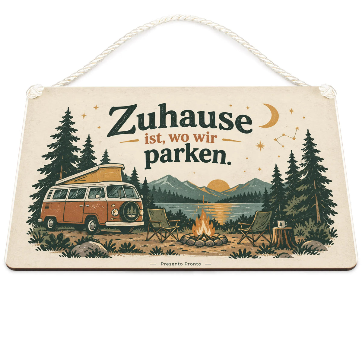 Gemütliches Schild für Campingfans mit Wohnmobil unter Sternen