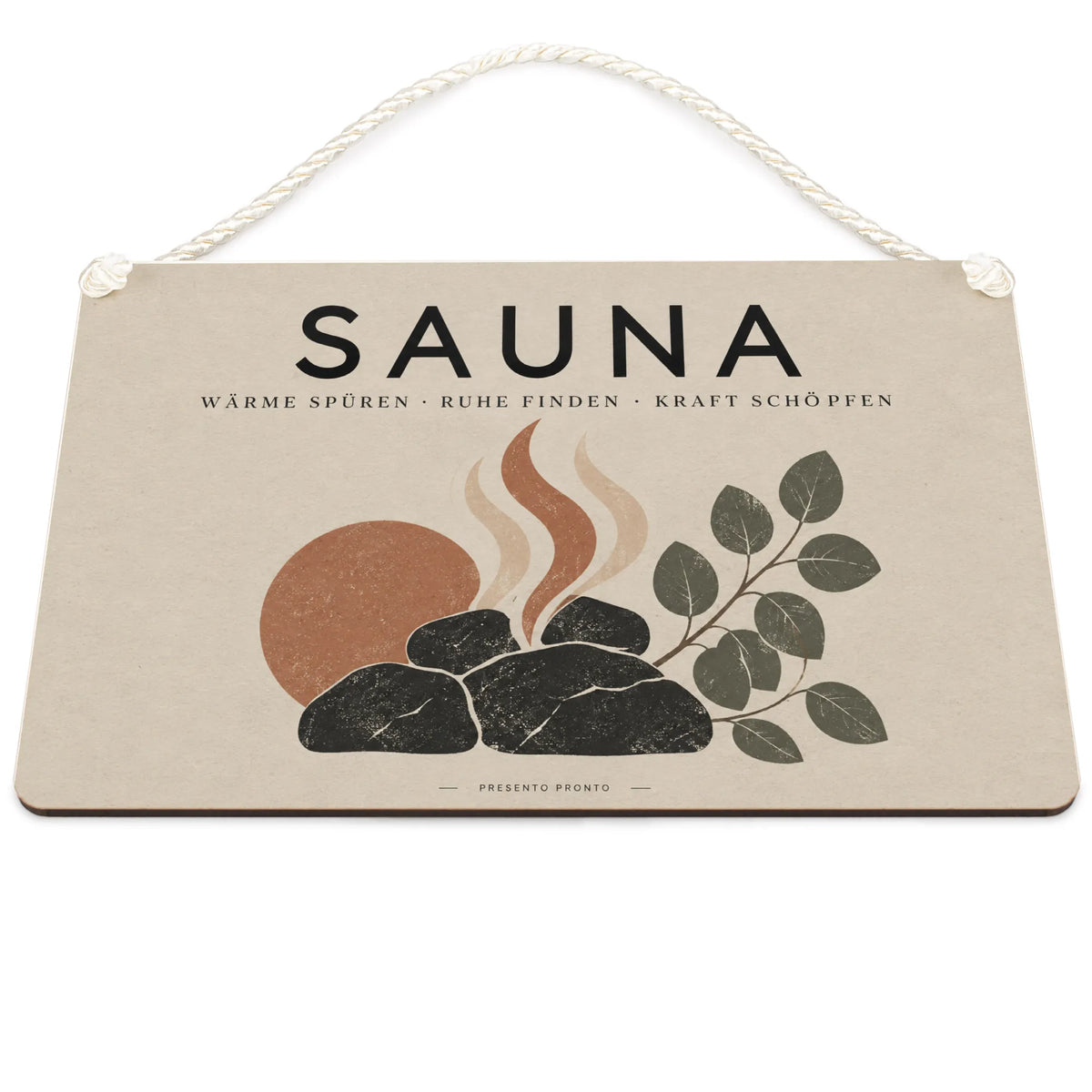 Entspannendes Schild für die Sauna mit Saunasteinen
