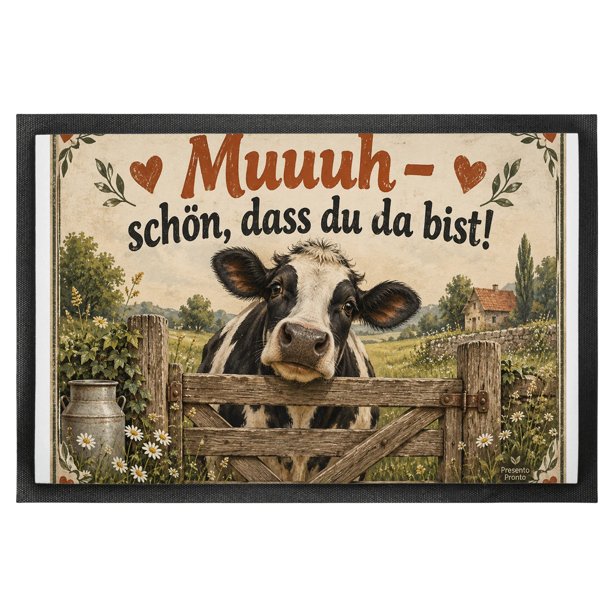 Lustige Fußmatte mit Kuh am Weidetor für Tierfreunde