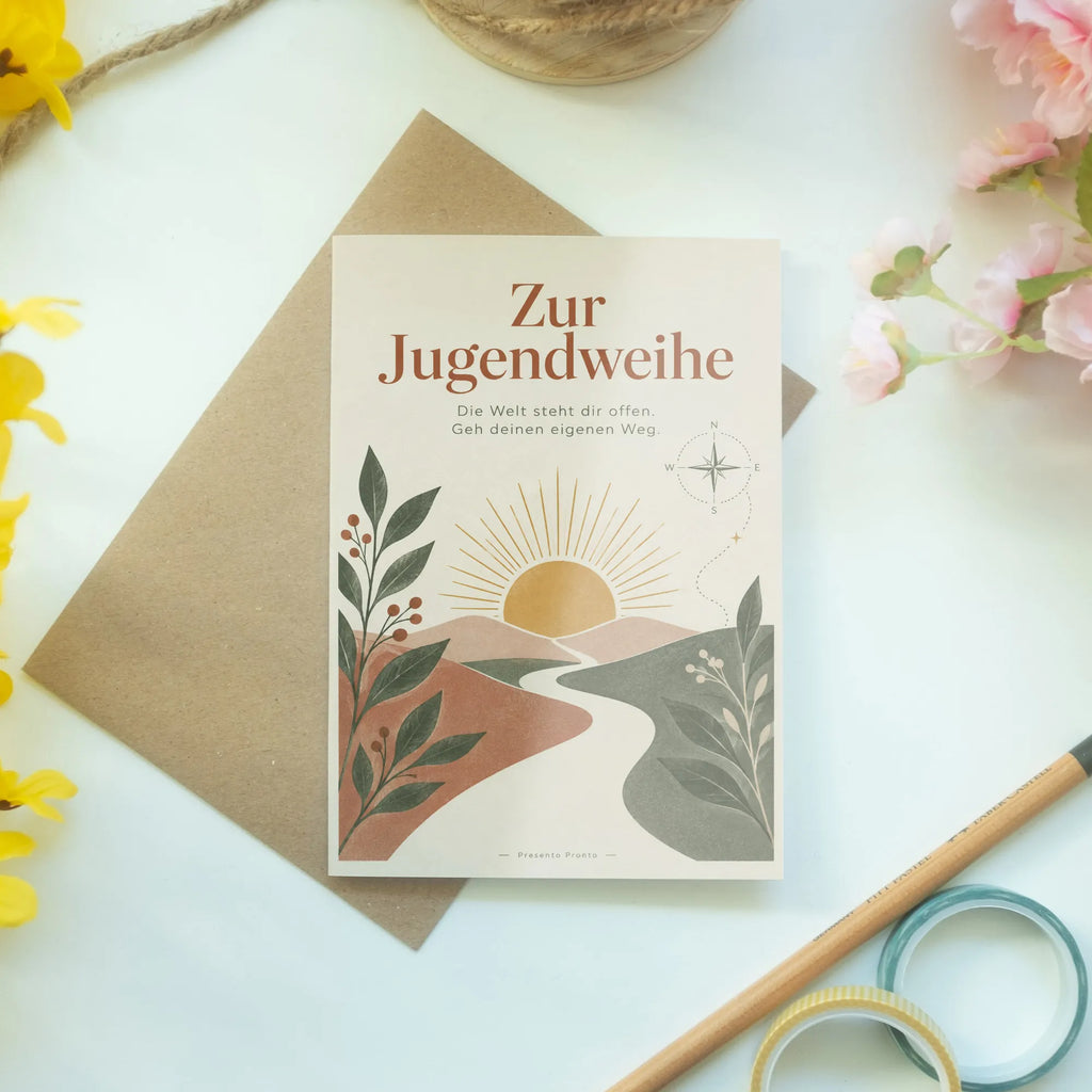 Ermutigende Glückwunschkarte zur Jugendweihe mit aufgehender Sonne|p:2019980|h:95d60fc2cbc9df705d997a22efdd82da