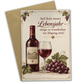 Elegante Geburtstagskarte für Weinliebhaber mit Weinflasche und Weinglas