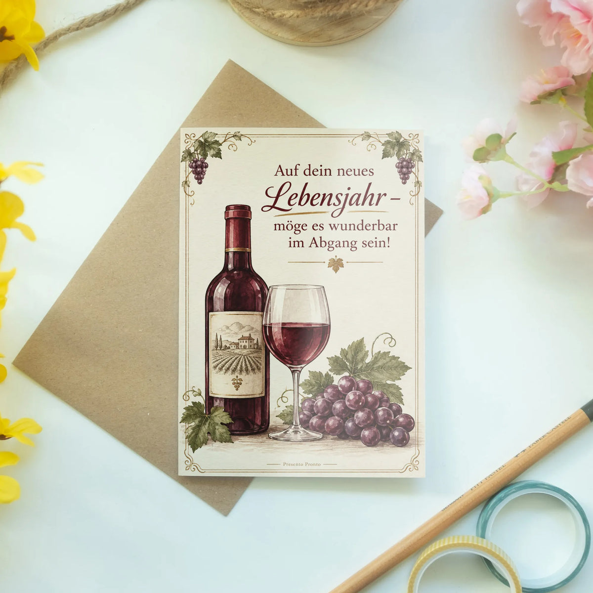 Elegante Geburtstagskarte für Weinliebhaber mit Weinflasche und Weinglas