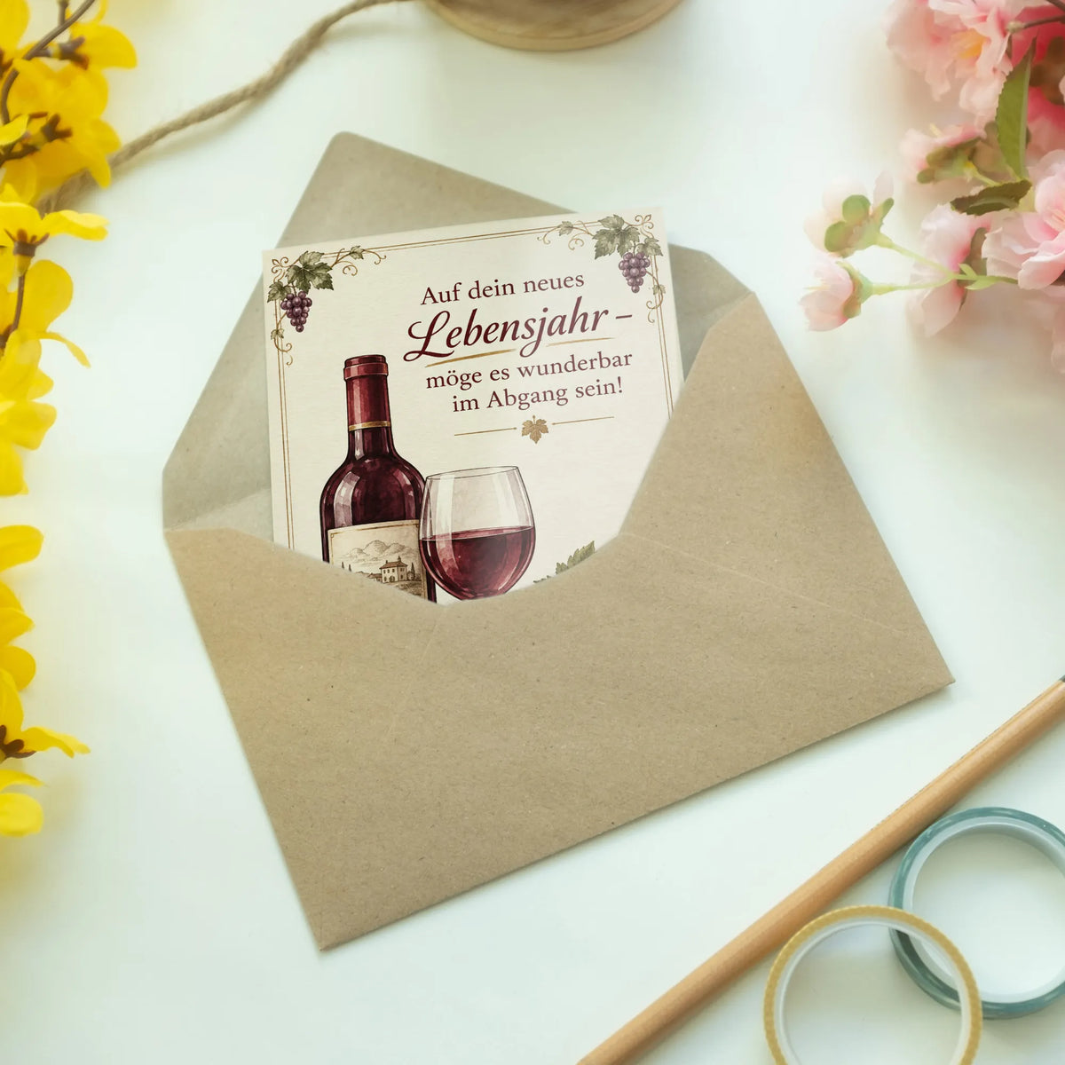 Elegante Geburtstagskarte für Weinliebhaber mit Weinflasche und Weinglas