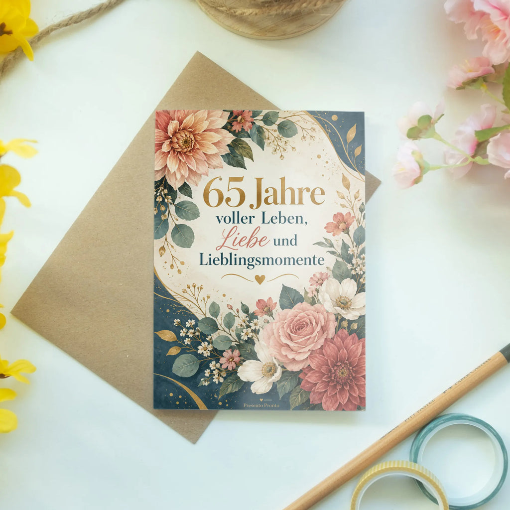 Elegante Geburtstagskarte für Frau zum 65 mit Blumen|p:2020021|h:de9d23516b0525ebf08459c8959e1fab